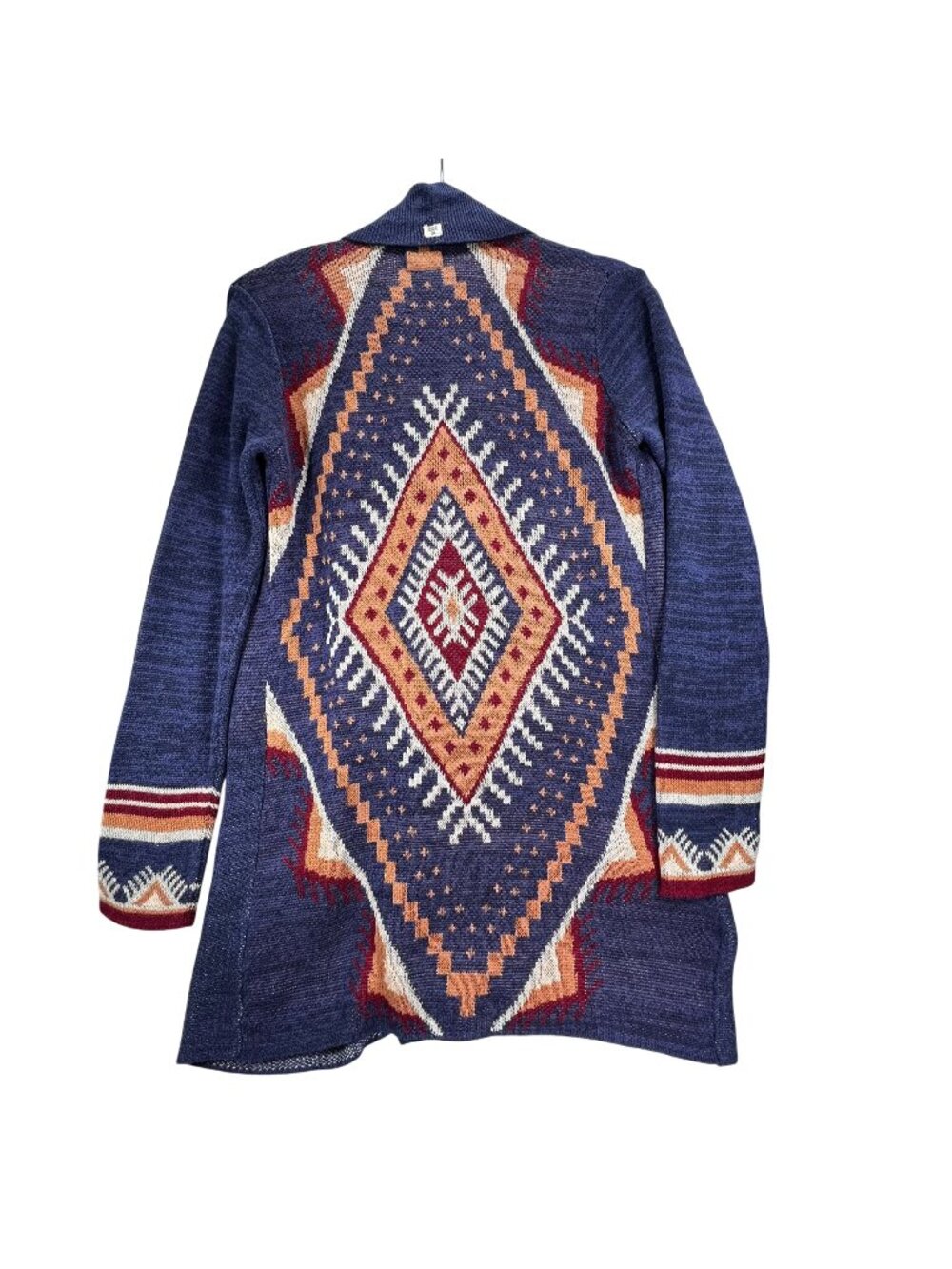 Billabong Aztec Cardigan Sweater Tribal Boho Open Front Southwest Pockets Blue